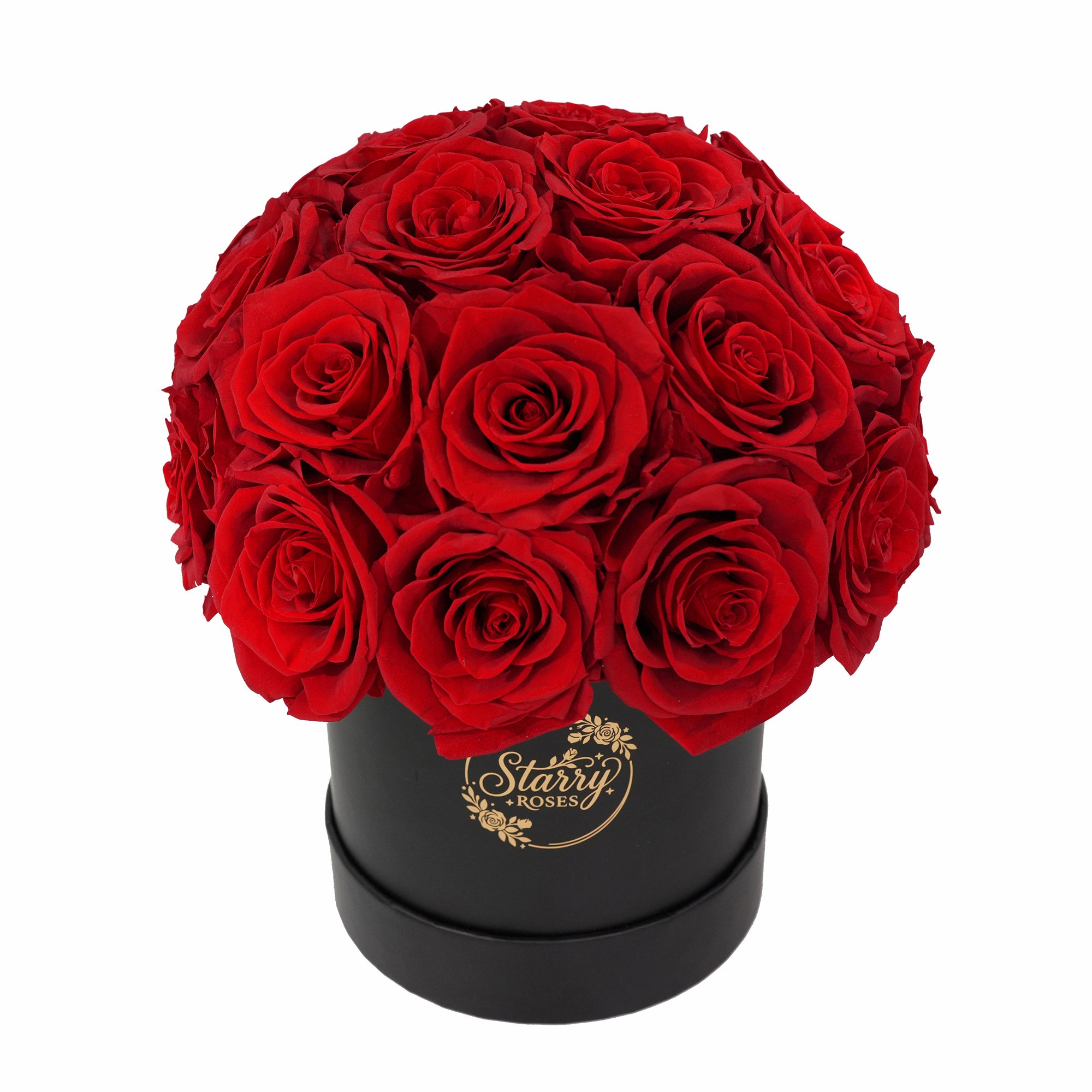Large Superdome Black Box Red Forever Roses product display on white background.