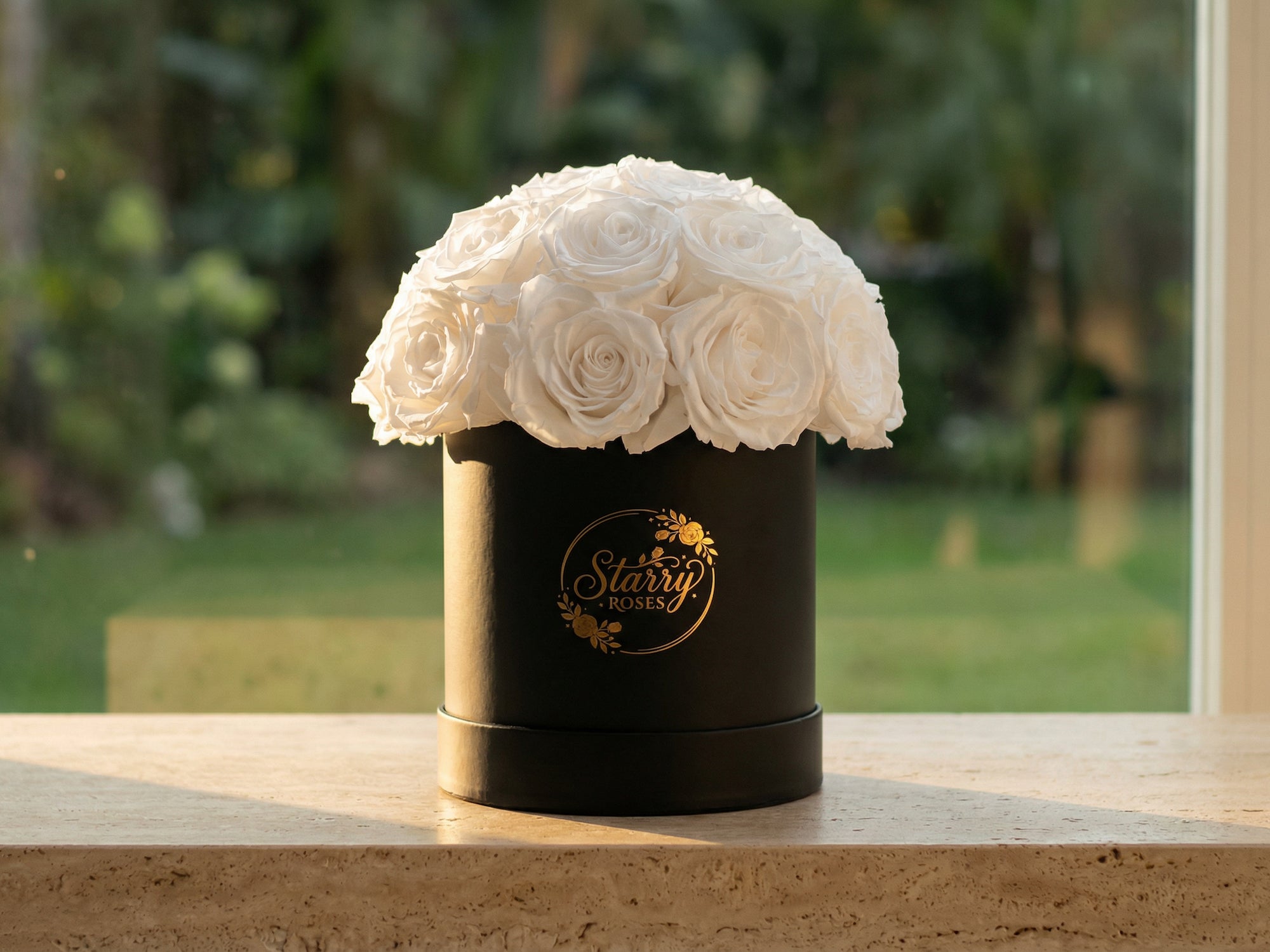 Large Superdome Black Box White Forever Roses as a luxury gift displayed in a rich interior setting. Lifestyle photo showing a perfect gift for anniversaries and special occasions.