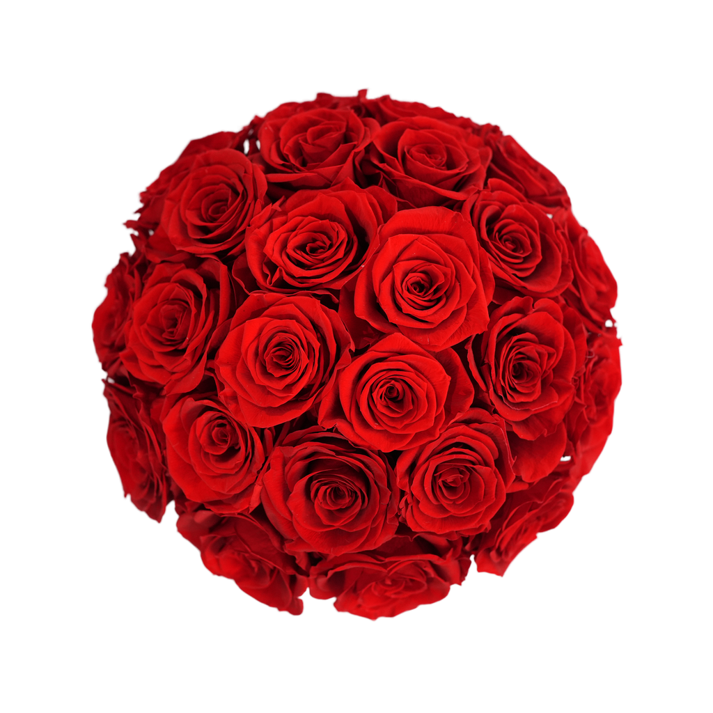 Large Superdome White Box Forever Red Roses flat lay overhead view.