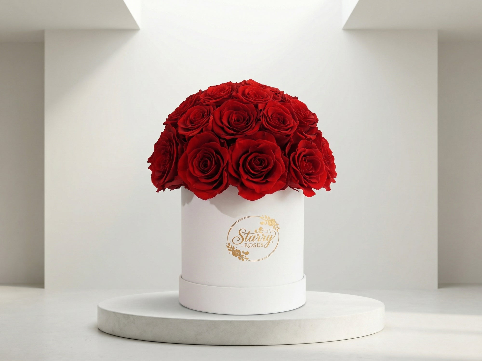 Large Superdome Red Box Pink Forever Roses as a luxury gift displayed in a rich interior setting. Lifestyle photo showing a perfect gift for anniversaries and special occasions.