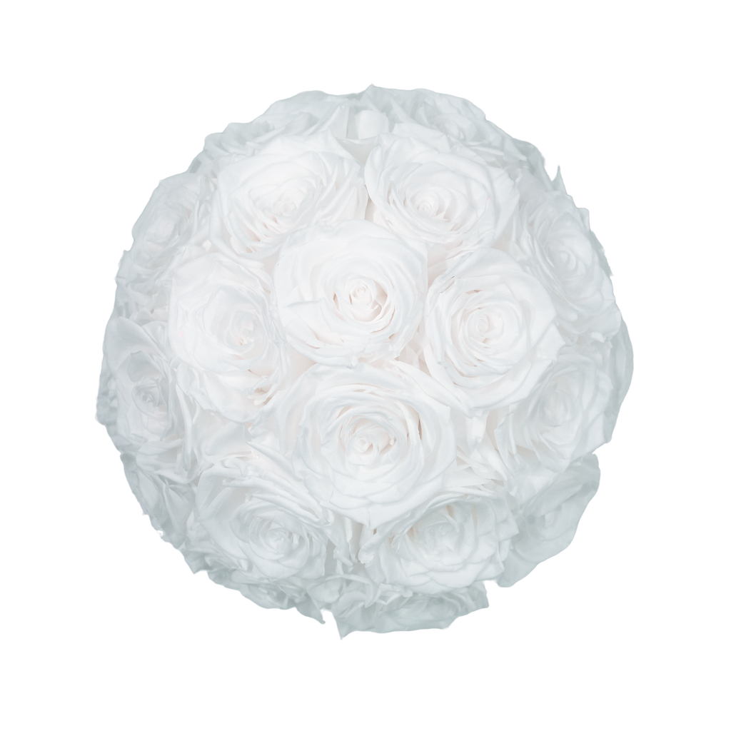 Large Superdome White Box White Forever Roses flat lay overhead view.