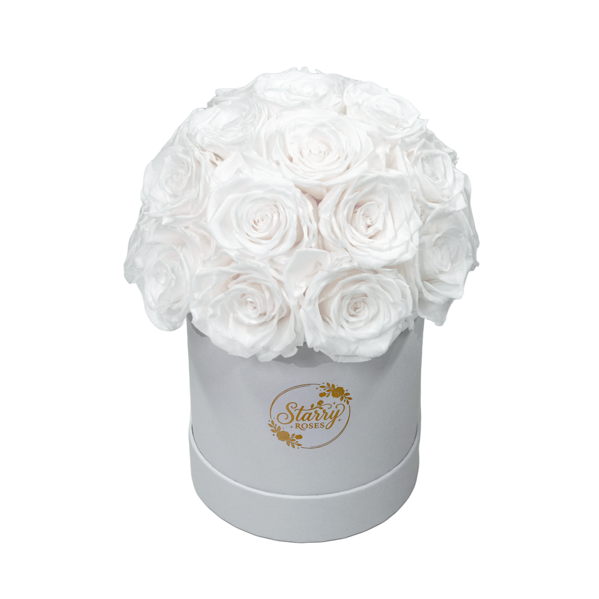 large superdome white box white forever roses product display on white background.
