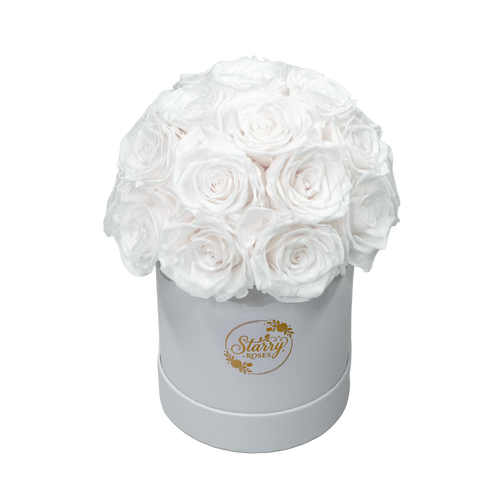 large superdome white box white forever roses product display on white background.
