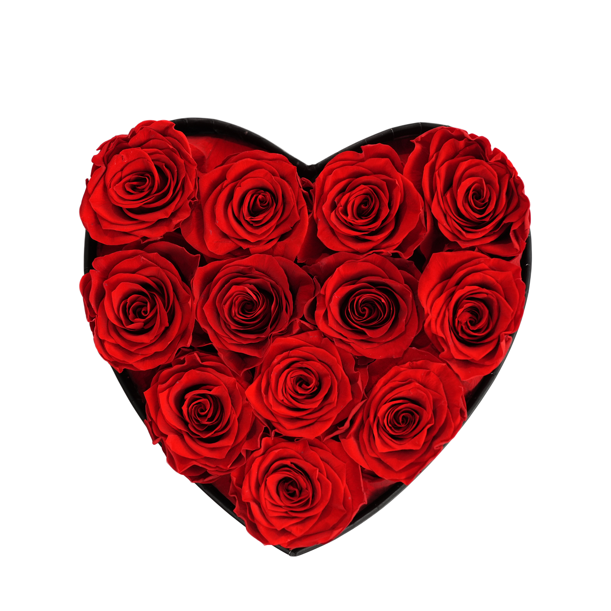 Small Heart Black Box Red Forever Roses flat lay overhead view.