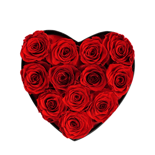 Small Heart Black Box Red Forever Roses flat lay overhead view.
