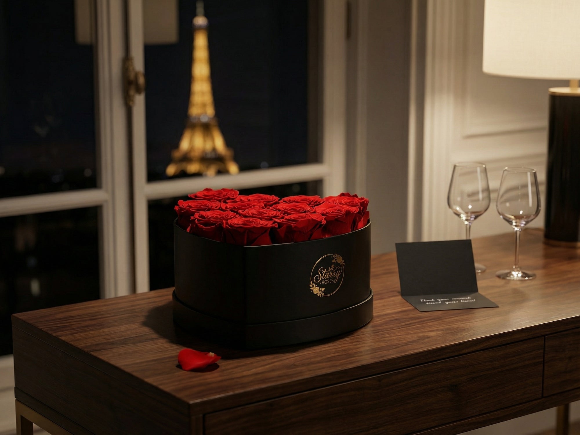 Small Heart Black Box Red Forever Roses as a luxury gift displayed in a rich interior setting. Lifestyle photo showing a perfect gift for anniversaries and special occasions.