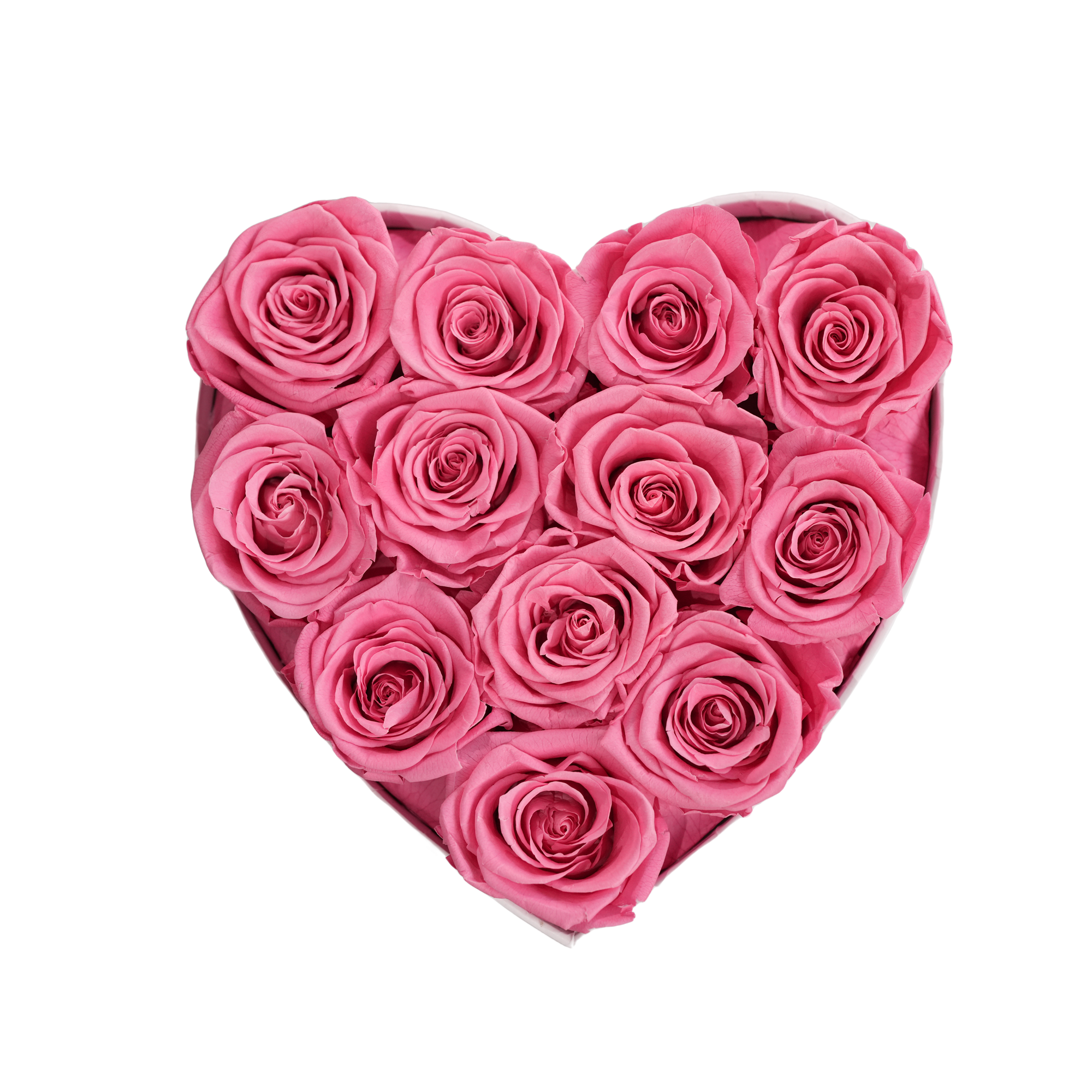Small Heart White Box Pink Forever Roses flat lay overhead view.