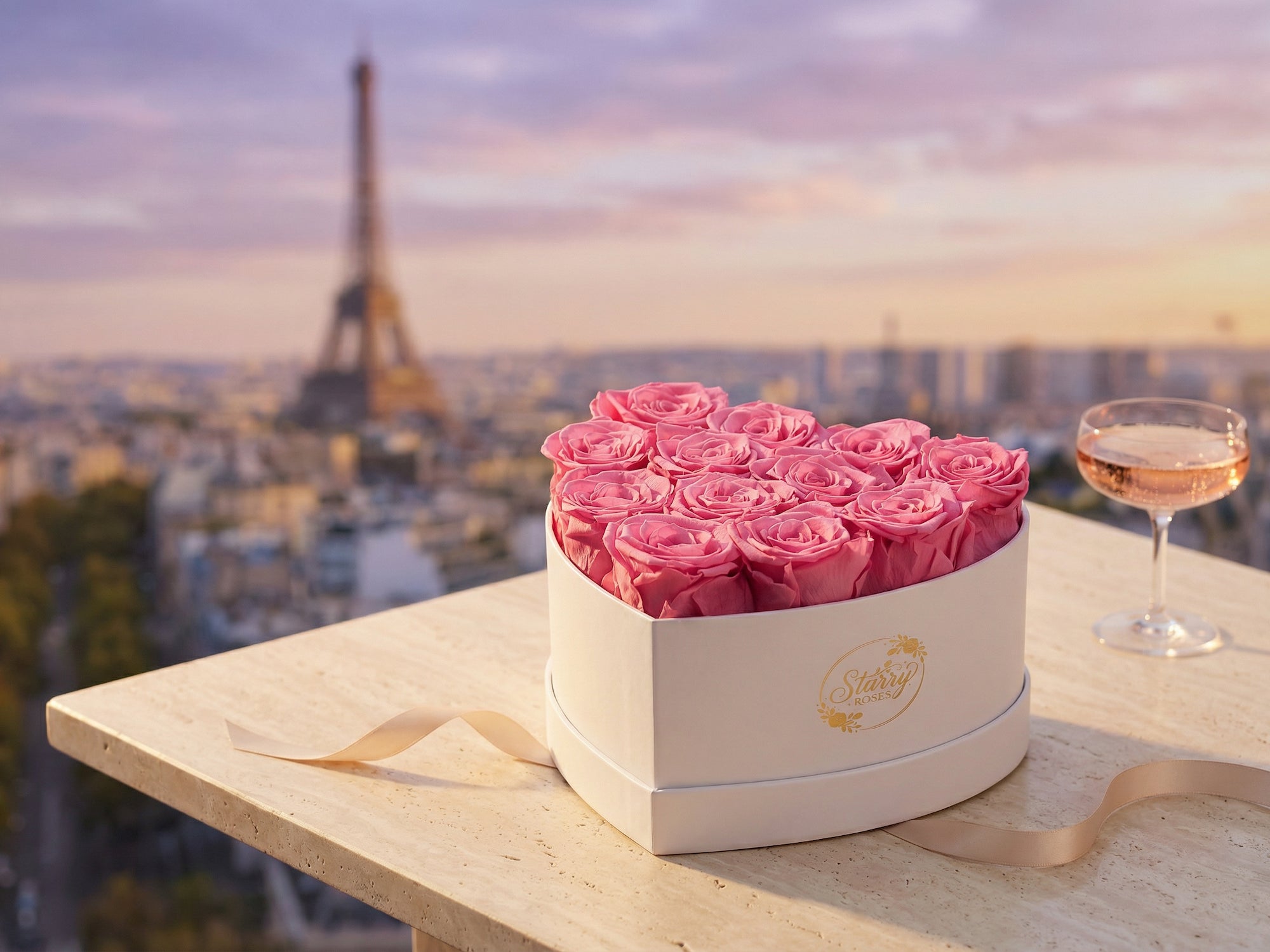 Small Heart White Box Pink Forever Roses as a luxury gift displayed in a rich interior setting. Lifestyle photo showing a perfect gift for anniversaries and special occasions.