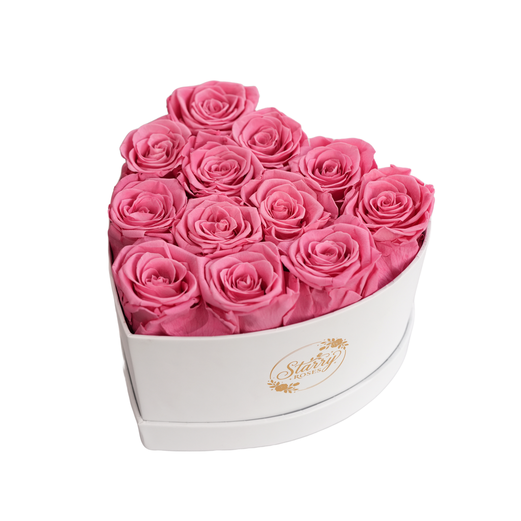 Small Heart White Box Pink Forever Roses product display on white background.