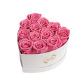 Small Heart White Box Pink Forever Roses product display on white background.