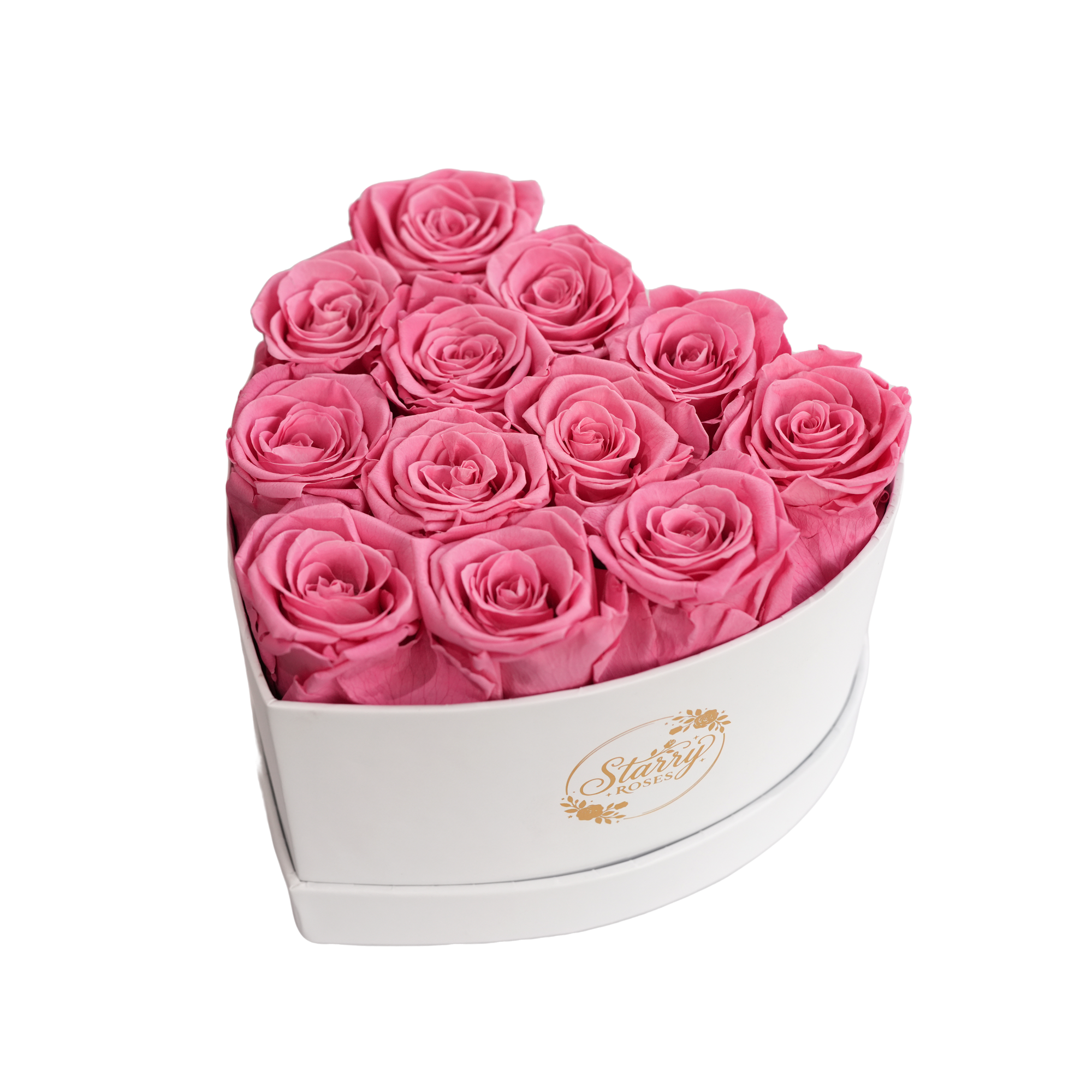 Small Heart White Box Pink Forever Roses product display on white background.