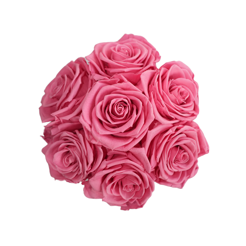 Small Round Black Box Pink Forever Roses flat lay overhead view.
