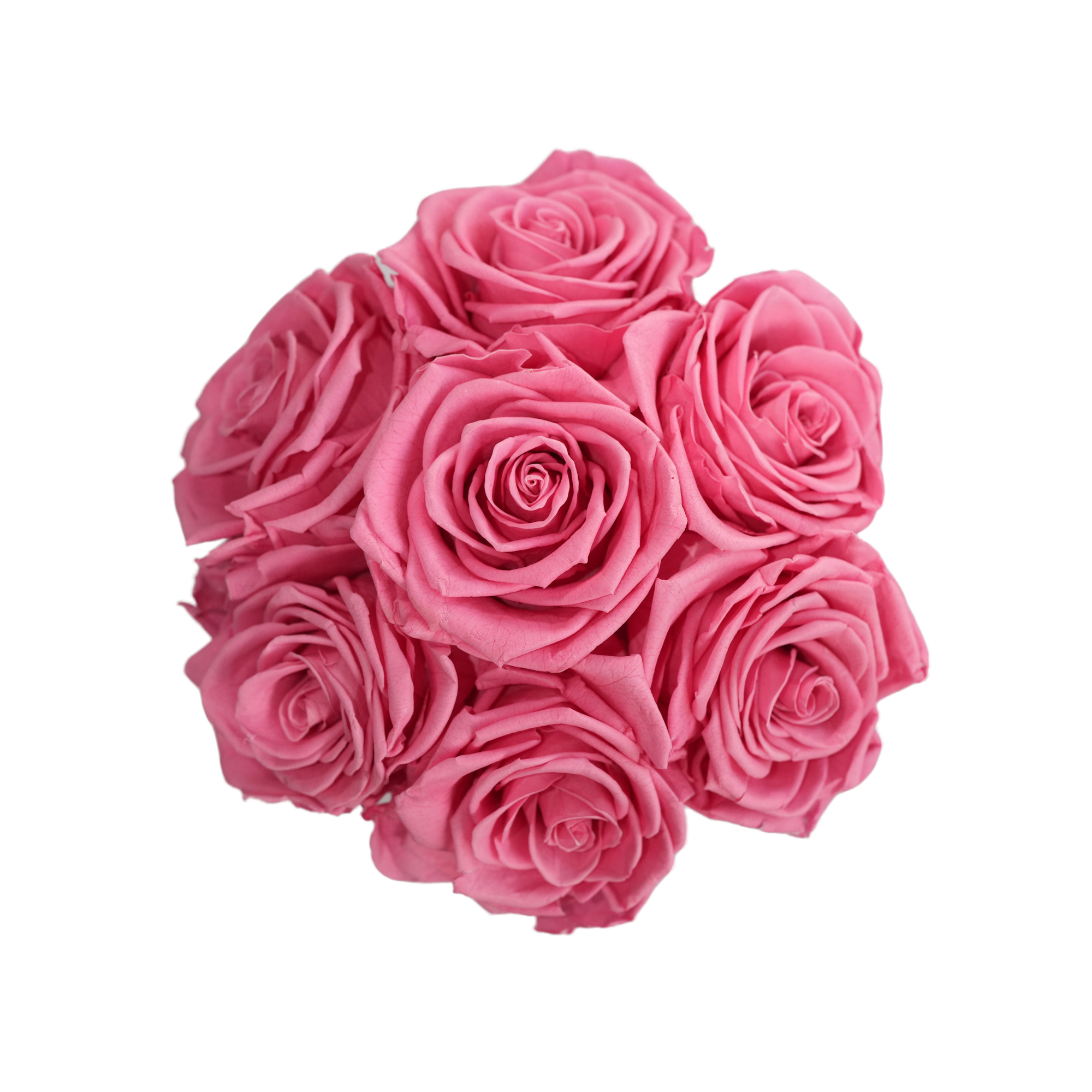 Small Round Black Box Pink Forever Roses flat lay overhead view.