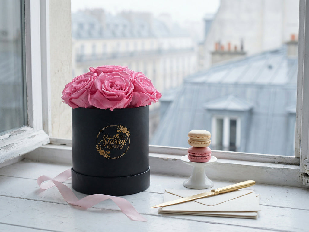 Small Round Black Box Pink Forever Roses as a luxury gift displayed in a rich interior setting. Lifestyle photo showing a perfect gift for anniversaries and special occasions.