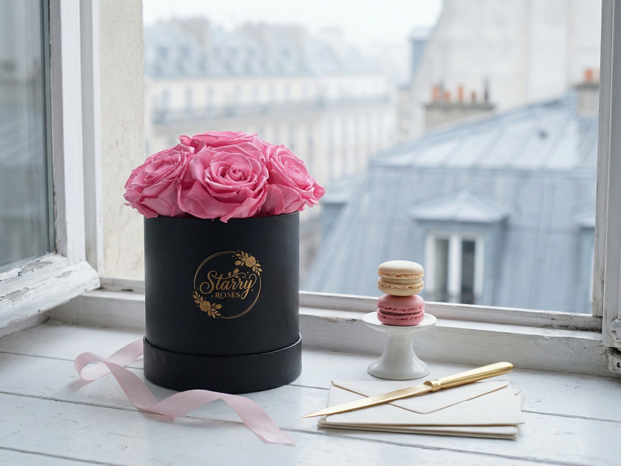 Small Round Black Box Pink Forever Roses as a luxury gift displayed in a rich interior setting. Lifestyle photo showing a perfect gift for anniversaries and special occasions.
