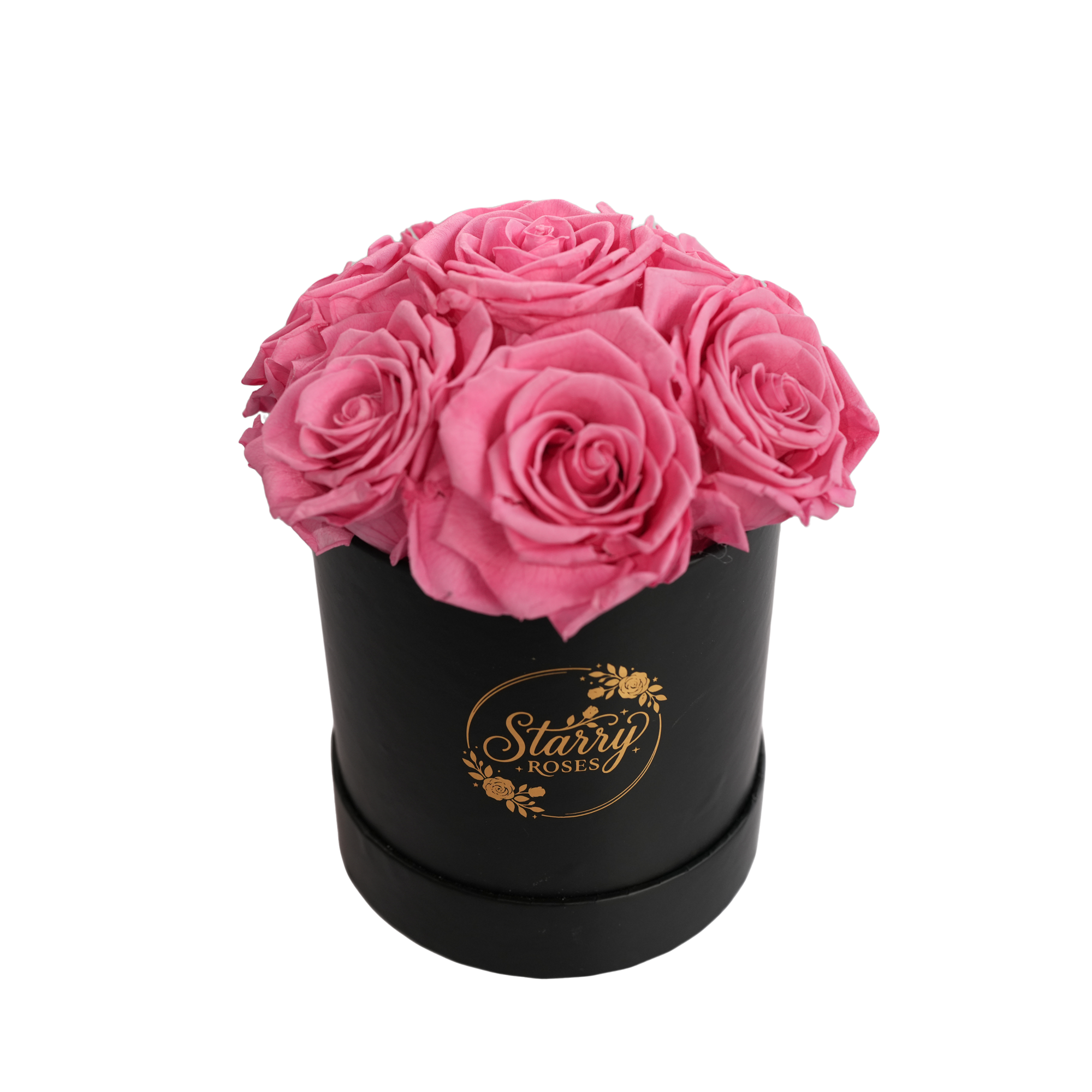 Small Round Black Box Pink Forever Roses product display on white background.