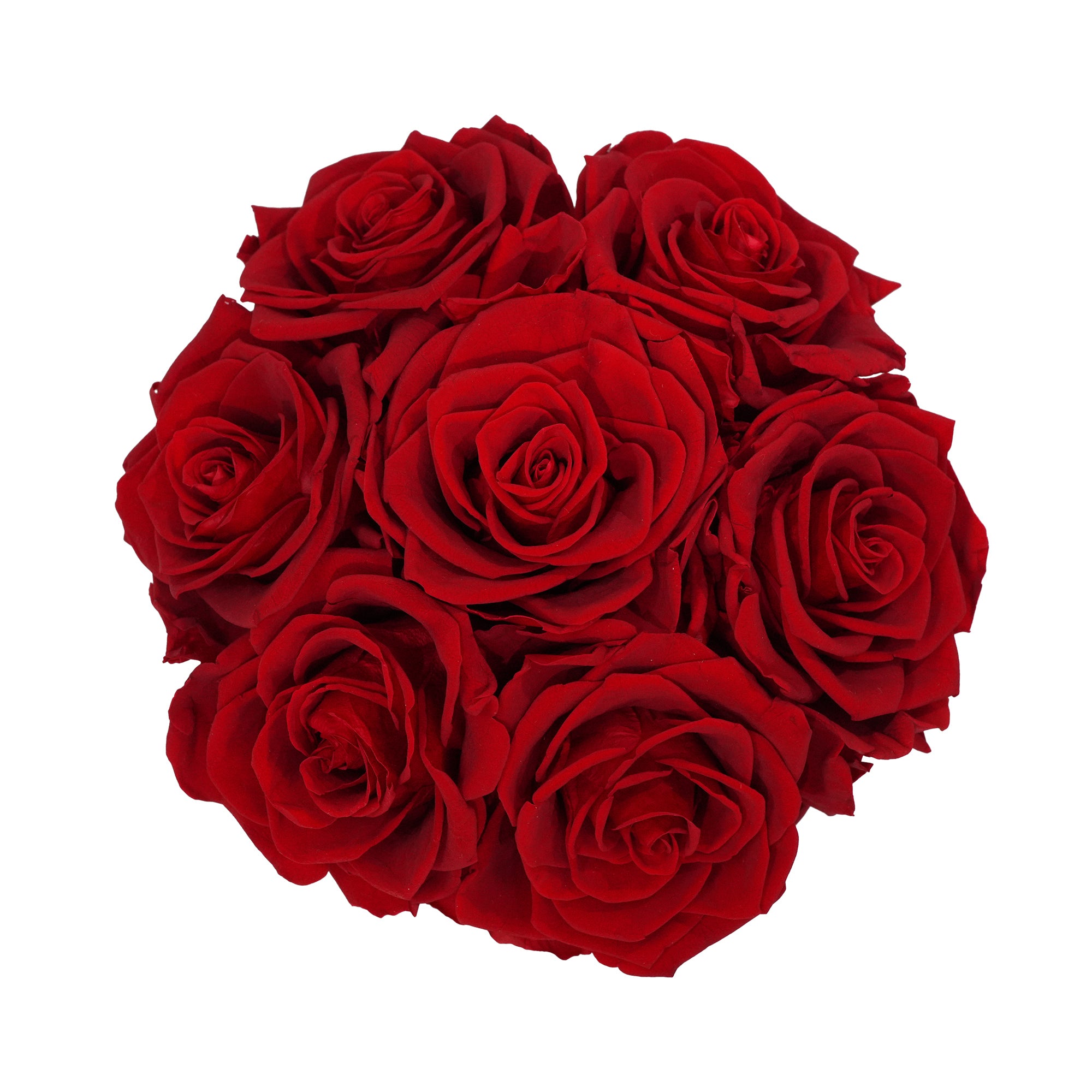 Small Round Black Box Red Forever Roses flat lay overhead view.