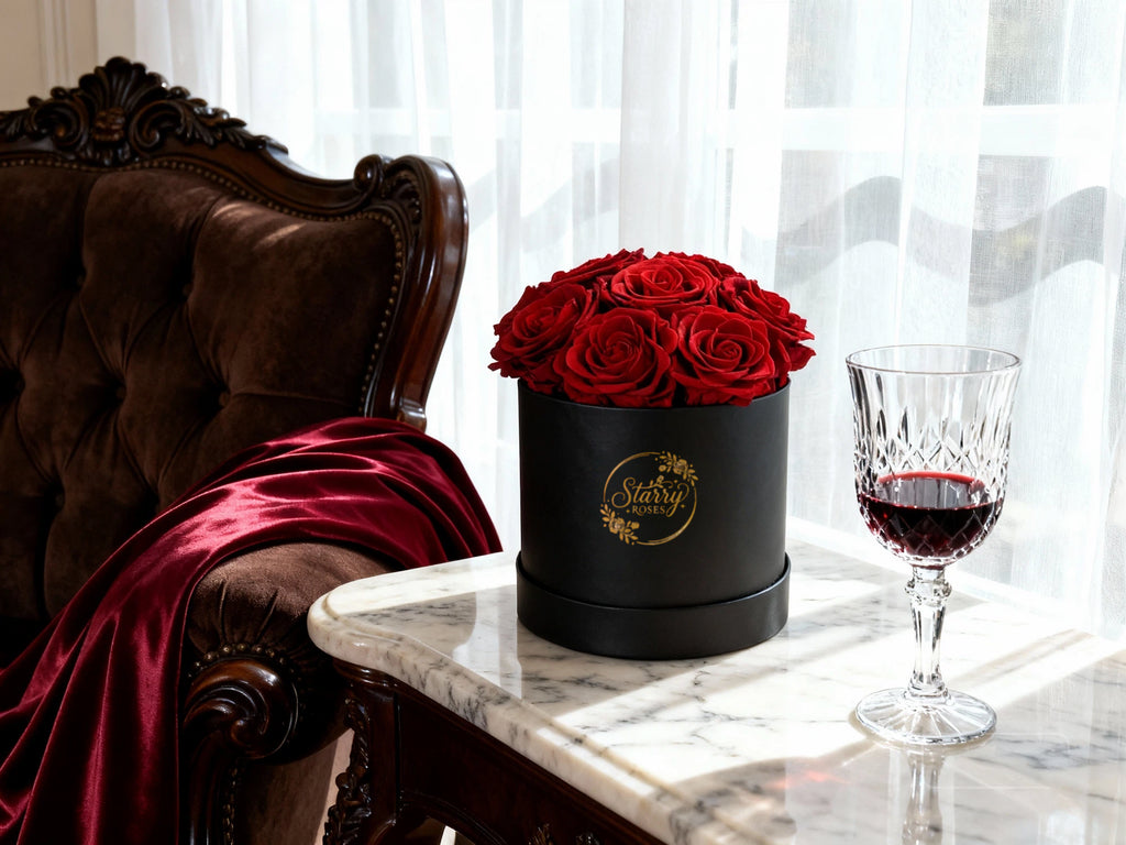 Small Round Black Box Red Forever Roses as a luxury gift displayed in a rich interior setting. Lifestyle photo showing a perfect gift for anniversaries and special occasions.