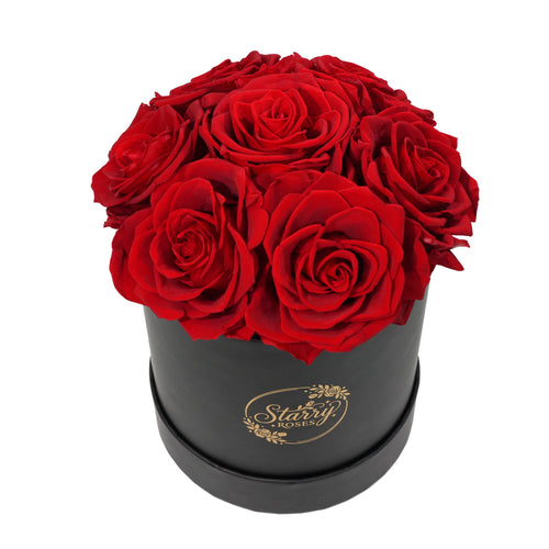 Small Round Black Box Red Forever Roses product display on white background.